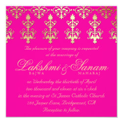 Indian Wedding Invite Damask Gold Hot Pink