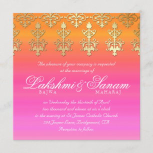 Indian Wedding Invite Damask Gold Pink Orange