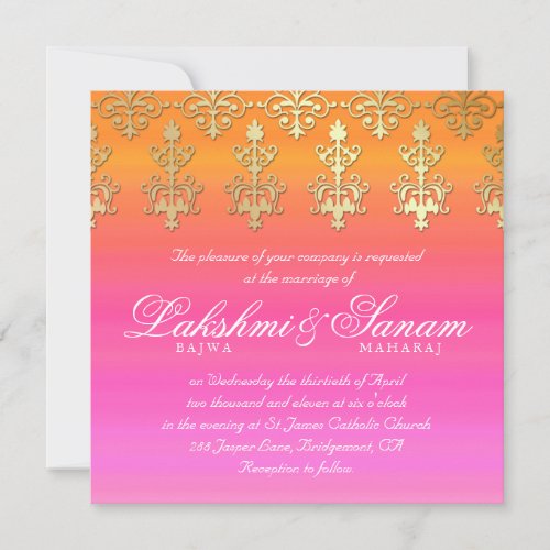 Indian Wedding Invite Damask Gold Pink Orange