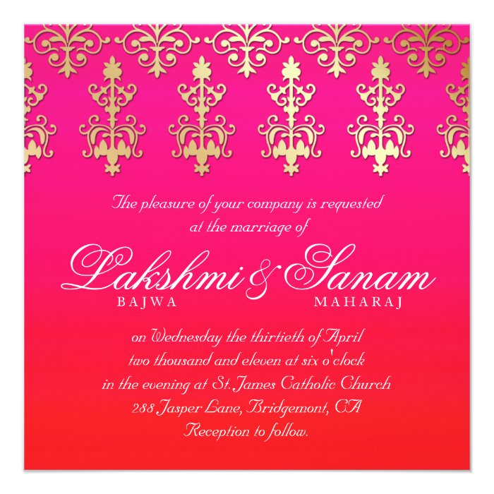 Indian Wedding Invite Damask Gold Pink Red White