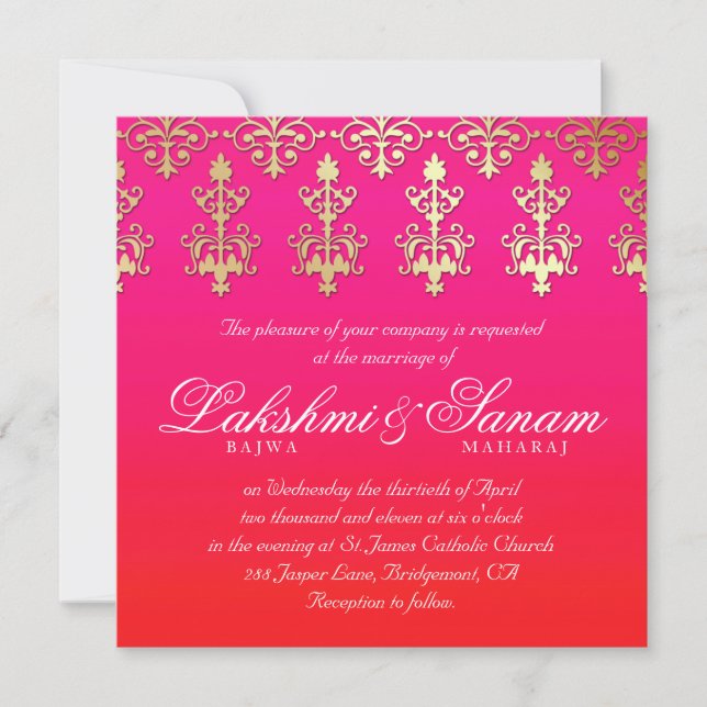 Indian Wedding Invite Damask Gold Pink Red White (Front)