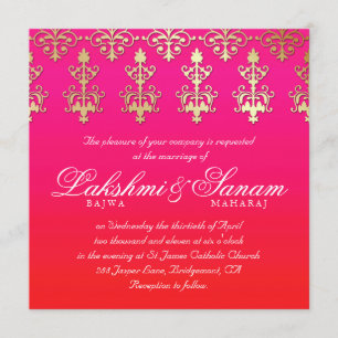 Indian Wedding Invite Damask Gold Pink Red White