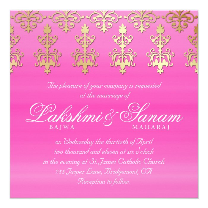 Indian Wedding Invite Damask Gold Pink White