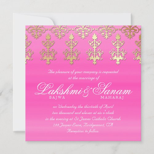 Indian Wedding Invite Damask Gold Pink White