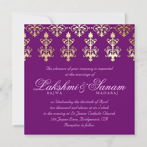 Indian Wedding Invite Damask Gold Purple