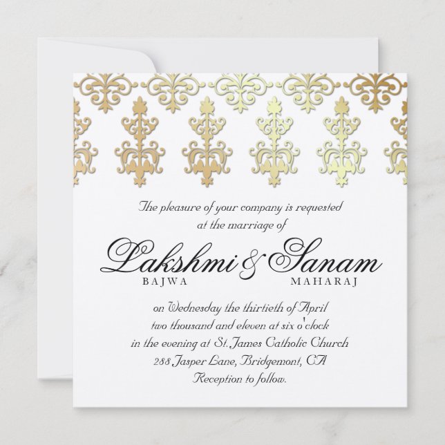 Indian Wedding Invite Damask Gold Silver Black (Front)