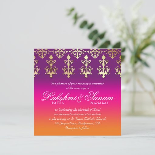 Indian Wedding Invite Damask Pink Purple Orange | Zazzle