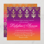 Indian Wedding Invite Damask Pink Purple Orange (Front/Back)