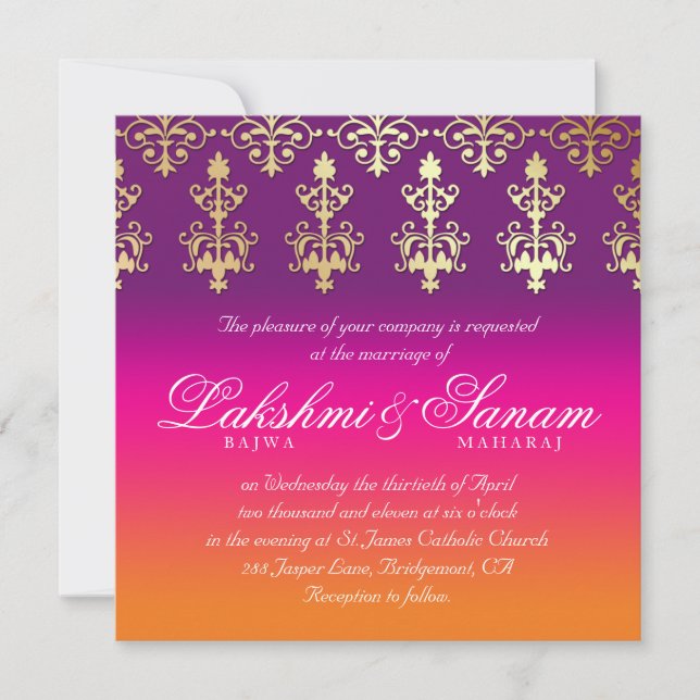 Indian Wedding Invite Damask Pink Purple Orange (Front)