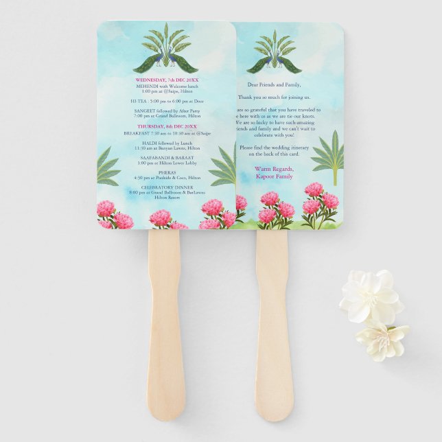Indian wedding itinerary hand fan, thank you card hand fan (Front and Back)