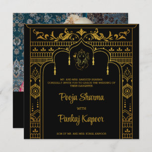 Indian Wedding Mandap Ganesha Gold Script Photo Invitation