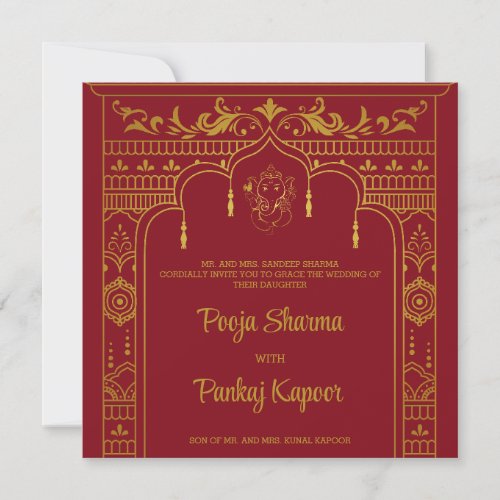 Indian Wedding Mandap Ganesha Gold Script Photo Invitation