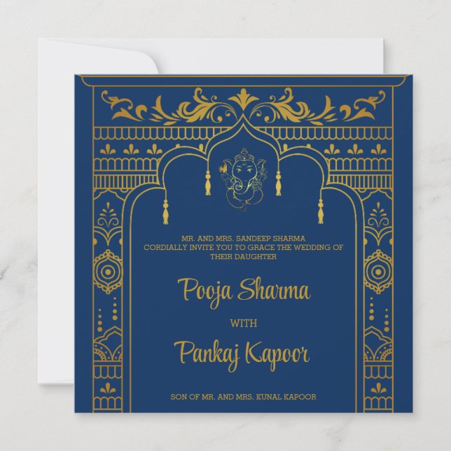  Indian Wedding Mandap Ganesha Gold Script Photo Invitation (Front)