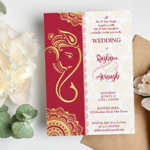 Indian wedding  maroon and gold Ganesha mandala Invitation