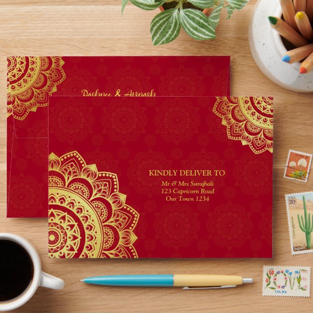 Indian wedding  maroon and gold return address envelope (Desk)