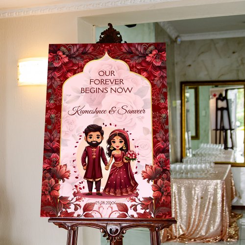 Indian wedding Maroon cute caricature welcome sign