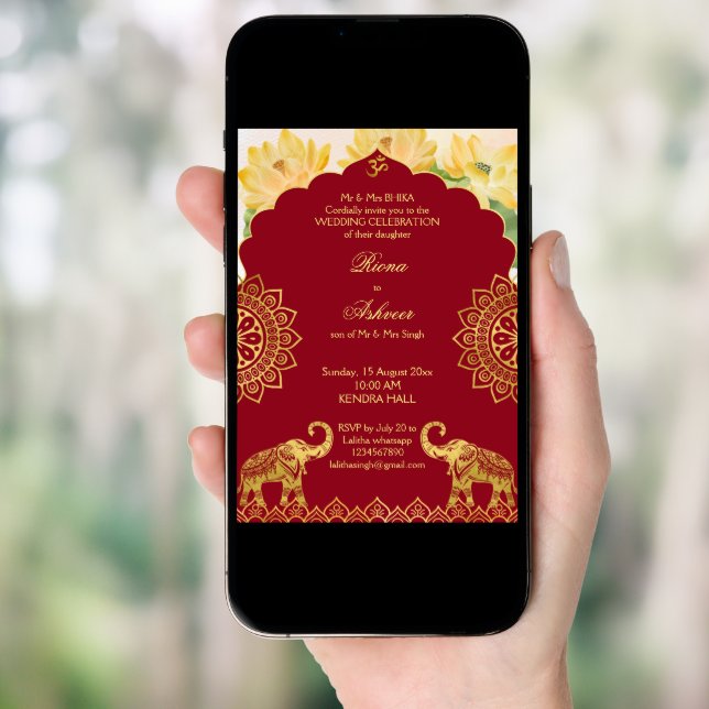 Indian wedding maroon gold elephant lotus invitation (Front Digital)