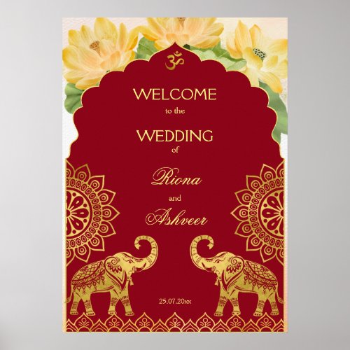 Indian wedding maroon gold elephant lotus welcome  poster