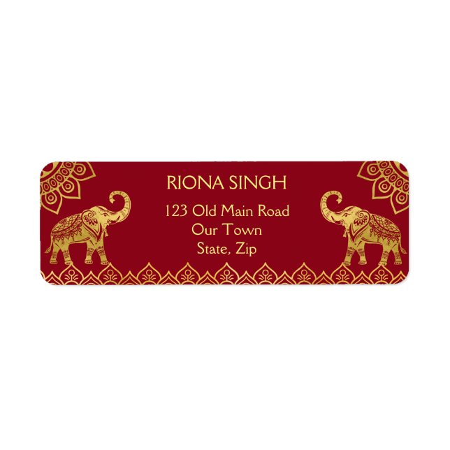 Indian wedding maroon gold elephants label (Front)