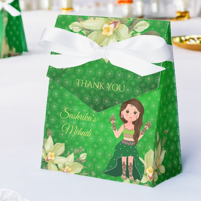 Indian wedding Mehndi green cartoon favor Favor Boxes (Indian wedding Mehndi favors green cute cartoon girl personalized favor gift  Boxes)