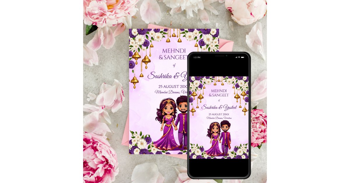 Indian wedding Mehndi purple cute bridal couple Invitation | Zazzle