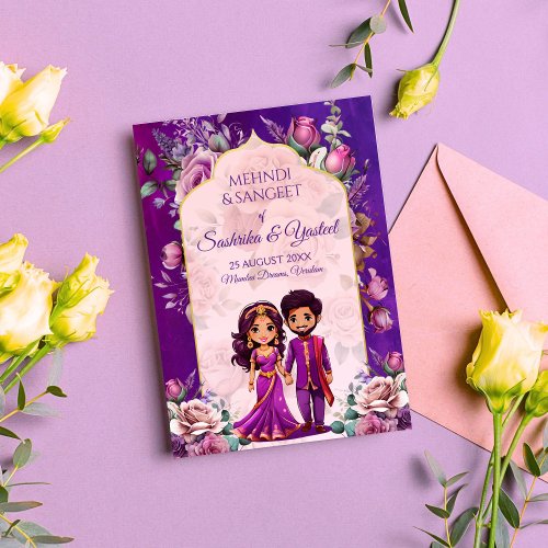 Indian wedding Mehndi purple cute bridal couple  Invitation