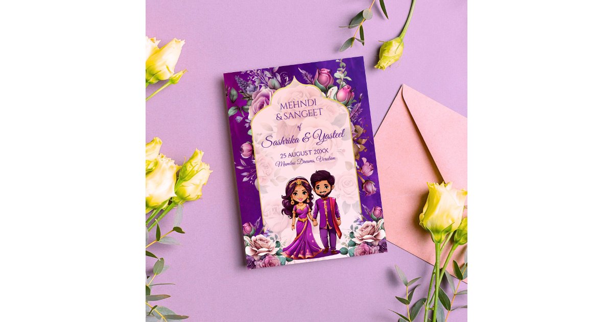 Indian wedding Mehndi purple cute bridal couple Invitation | Zazzle