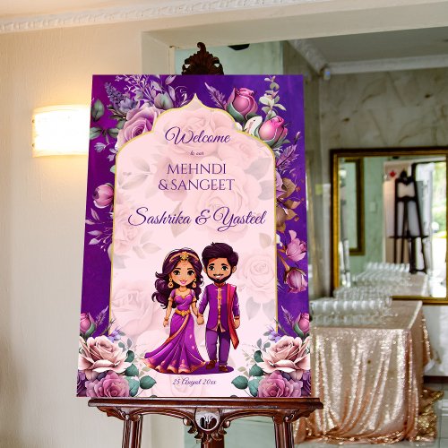 Indian wedding mehndi sangeet purple welcome sign