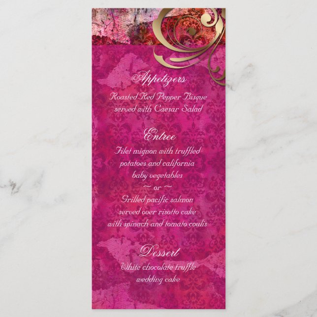 Indian Wedding Menu Cards Pink Gold Damask (Front)
