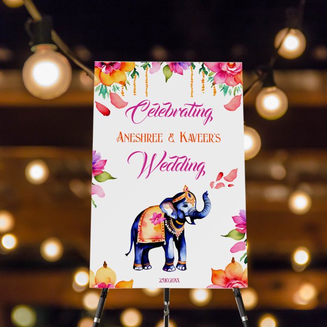 Indian wedding ornate elephant welcome sign (Indian wedding elephant welcome sign board pretty decorated elephant blowing petals flowers decor)