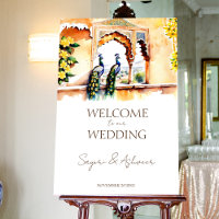 Indian wedding peacock Jaipur palace welcome sign