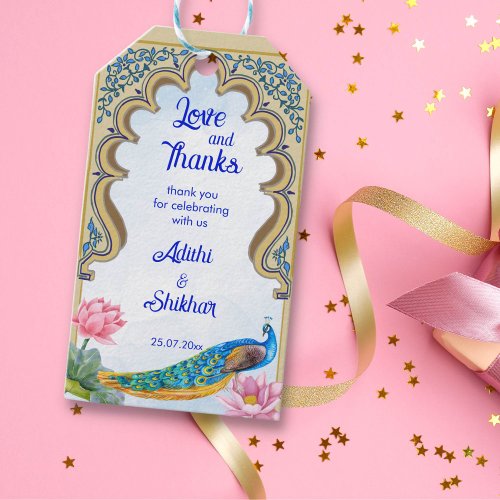 Indian wedding peacock Rajasthan window blue Gift Tags