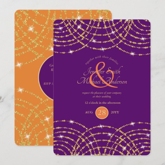Indian Wedding Purple Coral Gold Lights Invitation (Front/Back)