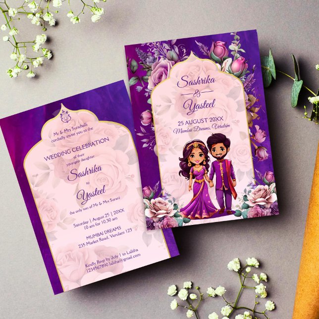 Indian wedding purple pink cute bridal couple  invitation (Indian wedding purple pink cute bridal caricature couple invitation template instant download)