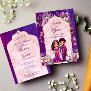 Indian wedding purple pink cute bridal couple invitation