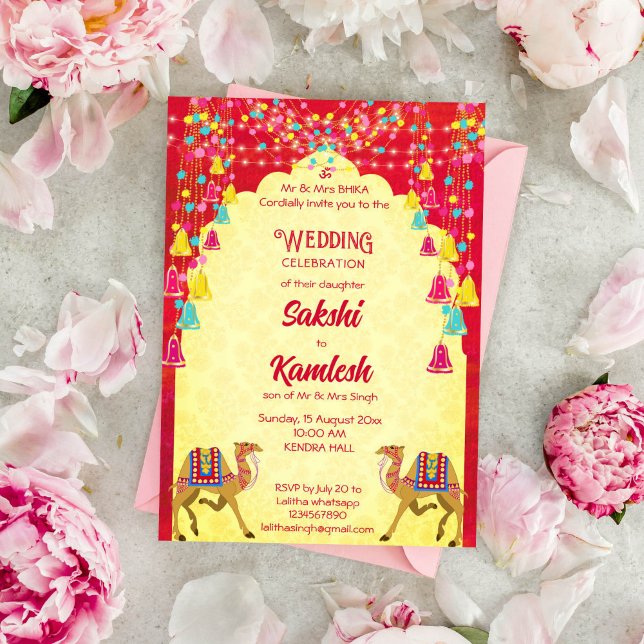 Indian wedding Rajasthani camels colorful Invitation (Indian wedding template invitation instant download Rajasthani camels arch frame cerise and yellow)