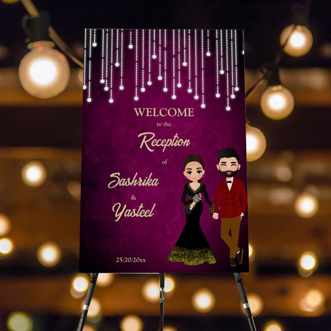 Indian wedding reception cute couple welcome sign (Indian wedding reception cute bridal couple cartoon welcome sign board personalized entrance decor)