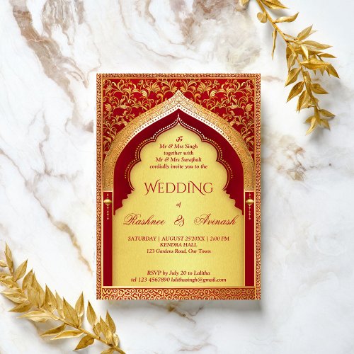 Indian wedding  red and gold vintage arch invitation