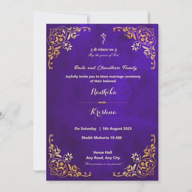 Indian wedding royal blue hindu invitation (Front)