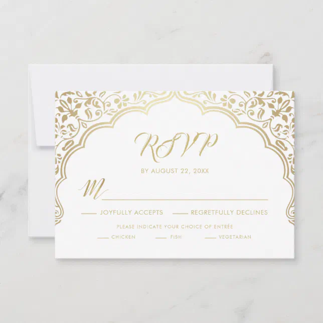 Indian Wedding RSVP Card, White and Gold | Zazzle