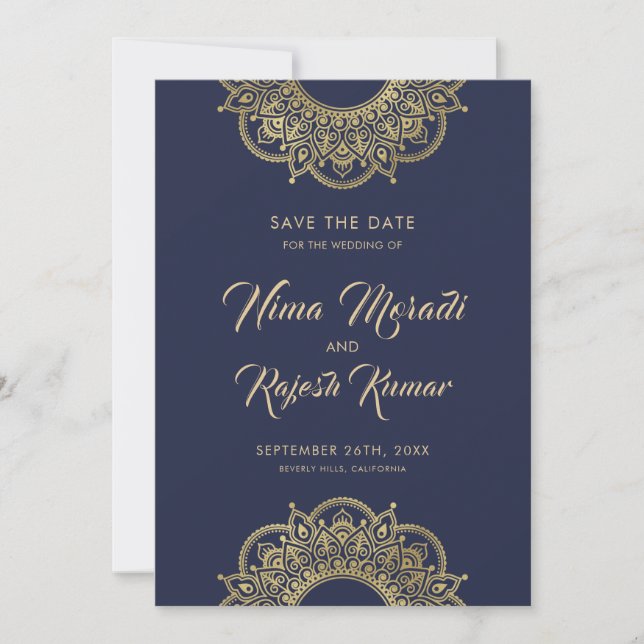 Indian Wedding, Save The Date, Blue and Gold Date (Front)