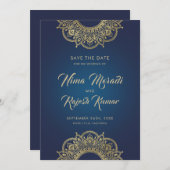 Indian Wedding, Save The Date, Blue and Gold Save The Date (Front/Back)