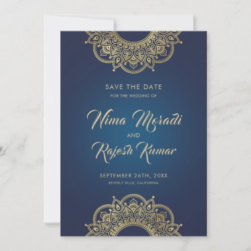 Indian Wedding Save The Date Blue and Gold Save The Date