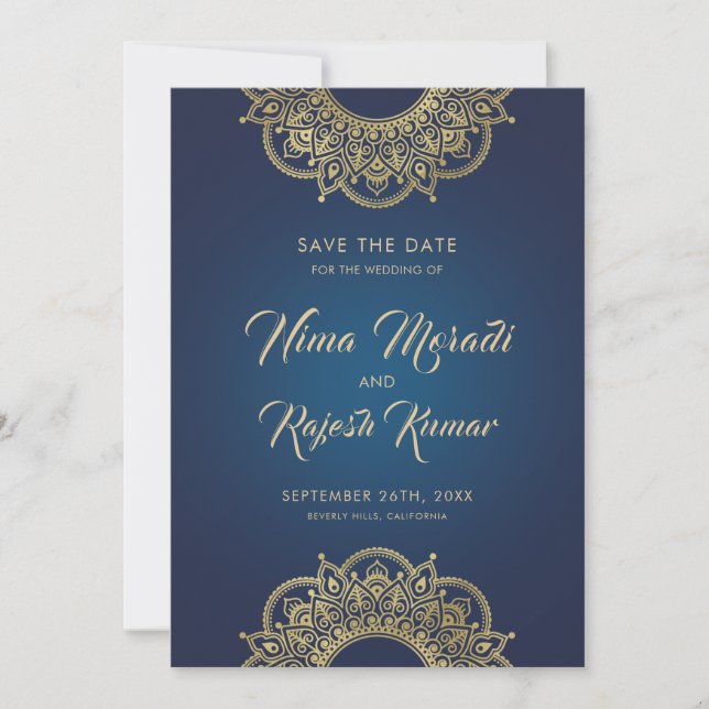 Indian Wedding, Save The Date, Blue and Gold Save The Date (Front)