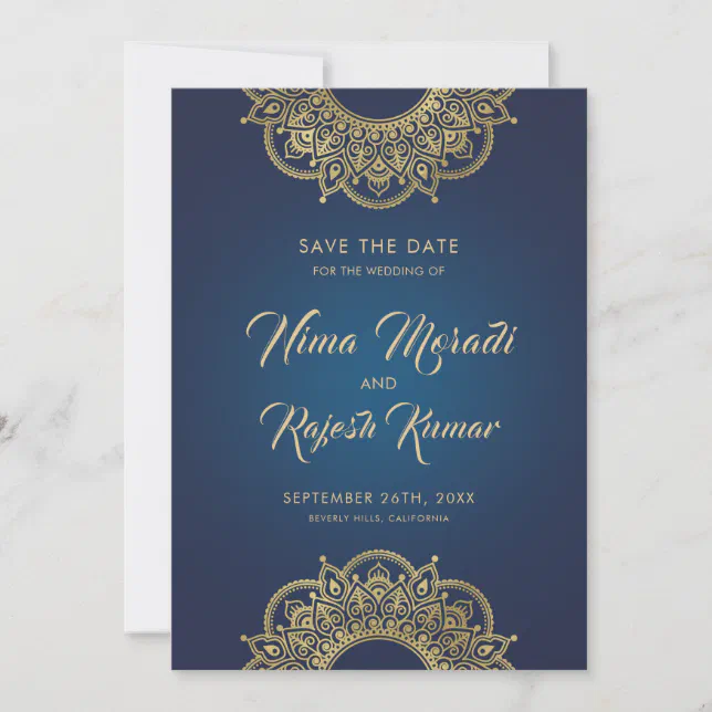 Indian Wedding, Save The Date, Blue and Gold Save The Date Zazzle