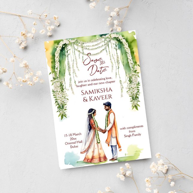Indian wedding save the date couple under jasmine invitation (Indian wedding save the date template invitation instant download Indian bridal couple cartoon gajra)