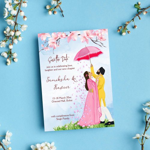 Indian wedding save the date couple with umbrella invitation