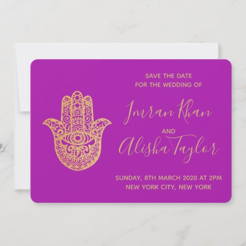 Indian Wedding Save the date Gold hamsa Henna