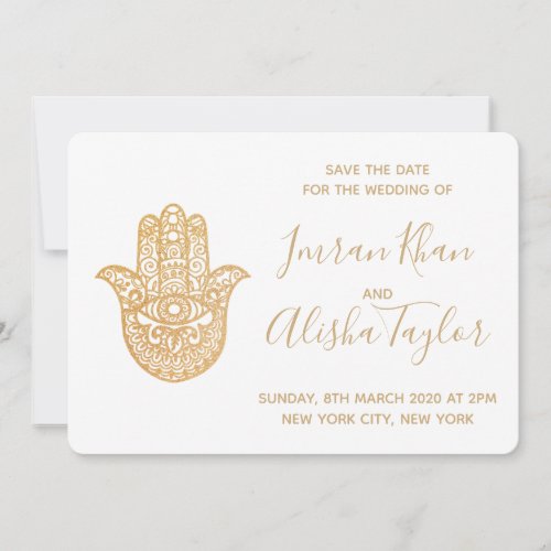 Indian Wedding Save the date Gold hamsa Henna