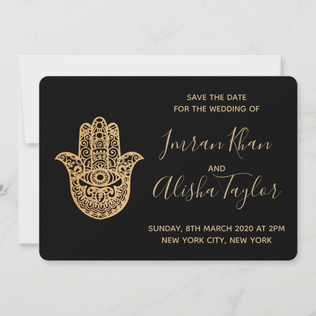 Indian Wedding Save the date Gold hamsa Henna (Front)